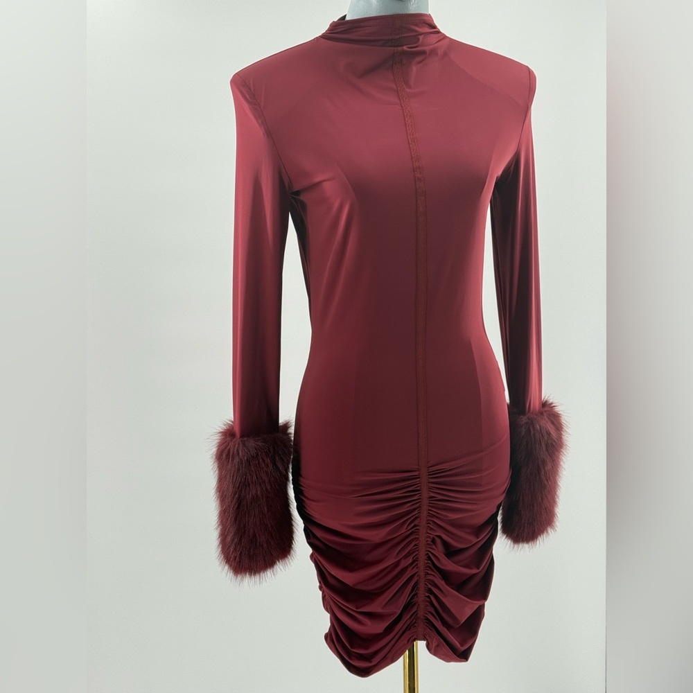🆕 BRONX & BANCO 🧿 NWOT Eleanor Burgundy Fur Trimmed Mini Dress, Sz L US 8 - Picture 4 of 17